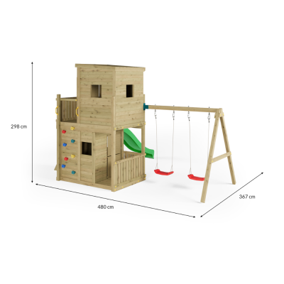 Casita de Parque de Juegos de Madera Fungoo Lofter 2S con Tobogán, Dos Columpios y Pared de Escalada