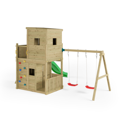 Casita de Parque de Juegos de Madera Fungoo Lofter 2S con Tobogán, Dos Columpios y Pared de Escalada