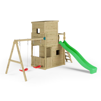 Casita de Parque de Juegos de Madera Fungoo Lofter 2S con Tobogán, Dos Columpios y Pared de Escalada