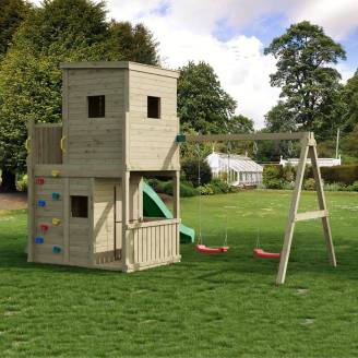 Casita de Parque de Juegos de Madera Fungoo Lofter 2S con Tobogán, Dos Columpios y Pared de Escalada