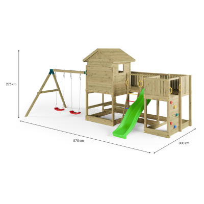 Casita de Parque de Juegos de Madera Fungoo Longstepper con Tobogán, Dos Columpios, Mesa de Picnic y Pared de Escalada