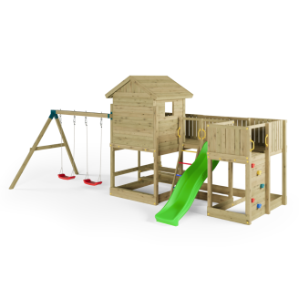 Casita de Parque de Juegos de Madera Fungoo Longstepper con Tobogán, Dos Columpios, Mesa de Picnic y Pared de Escalada