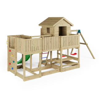 Casita de Parque de Juegos de Madera Fungoo Longstepper con Tobogán, Dos Columpios, Mesa de Picnic y Pared de Escalada