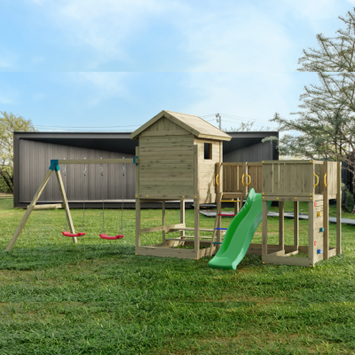 Casita de Parque de Juegos de Madera Fungoo Longstepper con Tobogán, Dos Columpios, Mesa de Picnic y Pared de Escalada