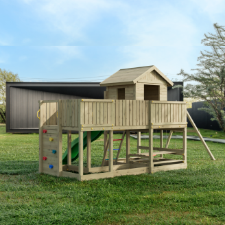 Casita de Parque de Juegos de Madera Fungoo Longstepper con Tobogán, Dos Columpios, Mesa de Picnic y Pared de Escalada