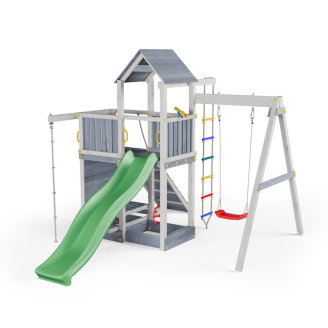 Casita de madera para niños con tobogán y columpio – Parque de juegos Fungoo ACTIVER KDI Gris y Blanco