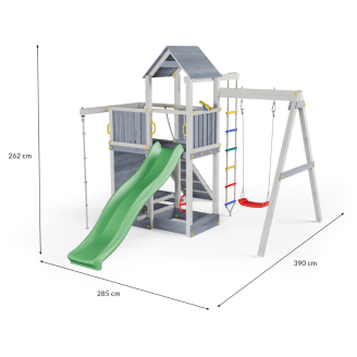 Casita de madera para niños con tobogán y columpio – Parque de juegos Fungoo ACTIVER KDI Gris y Blanco