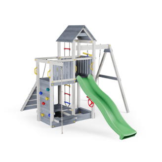 Casita de madera para niños con tobogán y columpio – Parque de juegos Fungoo ACTIVER KDI Gris y Blanco