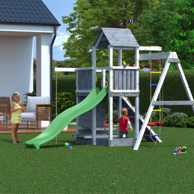 Casita de madera para niños con tobogán y columpio – Parque de juegos Fungoo ACTIVER KDI Gris y Blanco