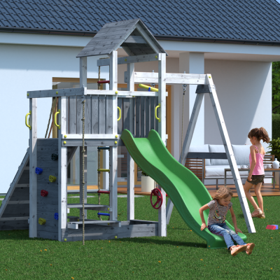 Casita de madera para niños con tobogán y columpio – Parque de juegos Fungoo ACTIVER KDI Gris y Blanco