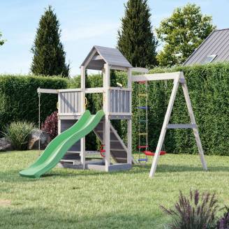 Casita de madera para niños con tobogán y columpio – Parque de juegos Fungoo ACTIVER KDI Gris y Blanco