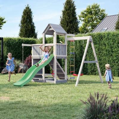 Casita de madera para niños con tobogán y columpio – Parque de juegos Fungoo ACTIVER KDI Gris y Blanco