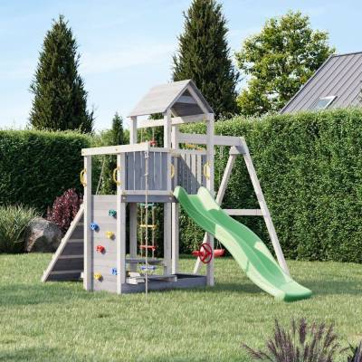 Casita de madera para niños con tobogán y columpio – Parque de juegos Fungoo ACTIVER KDI Gris y Blanco